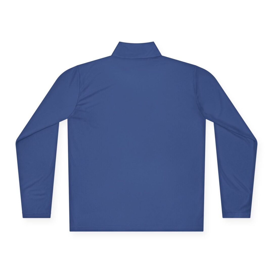Here's an alt tag for the image: Blue long-sleeve mock neck shirt.
