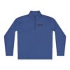 Here's an alt tag for the image: Blue BFR logo half-zip pullover.