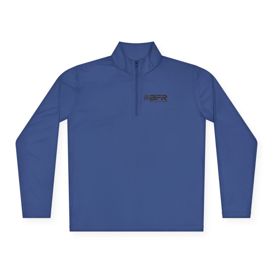 Here's an alt tag for the image: Blue BFR logo half-zip pullover.