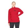 Woman in red quarter-zip athletic shirt.