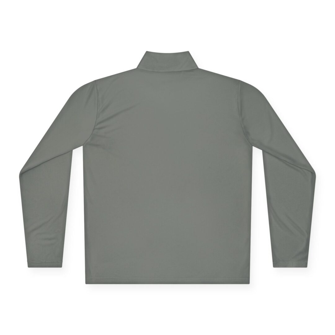 Gray long-sleeve mock neck shirt back.