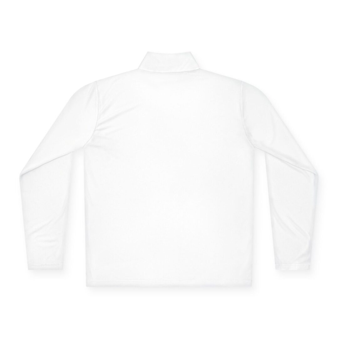 White long-sleeve mock neck shirt back.