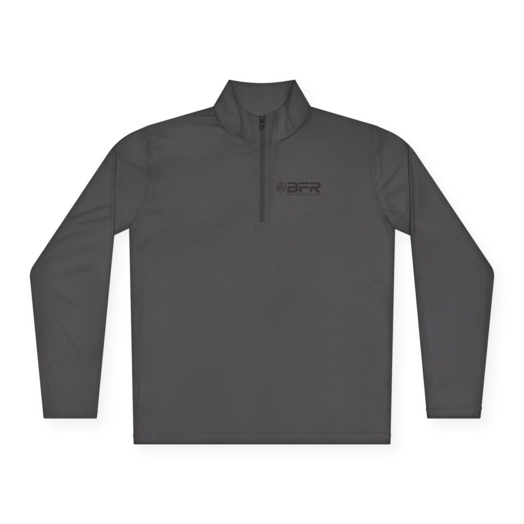 Dark gray BFR logo half-zip pullover.