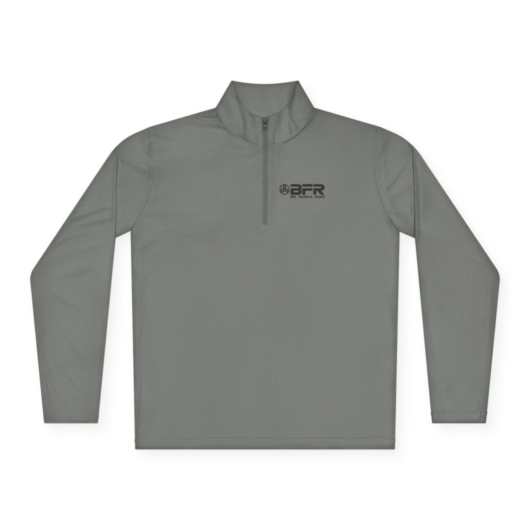 Gray half-zip pullover with BFR logo.