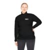 Woman in black quarter-zip pullover.