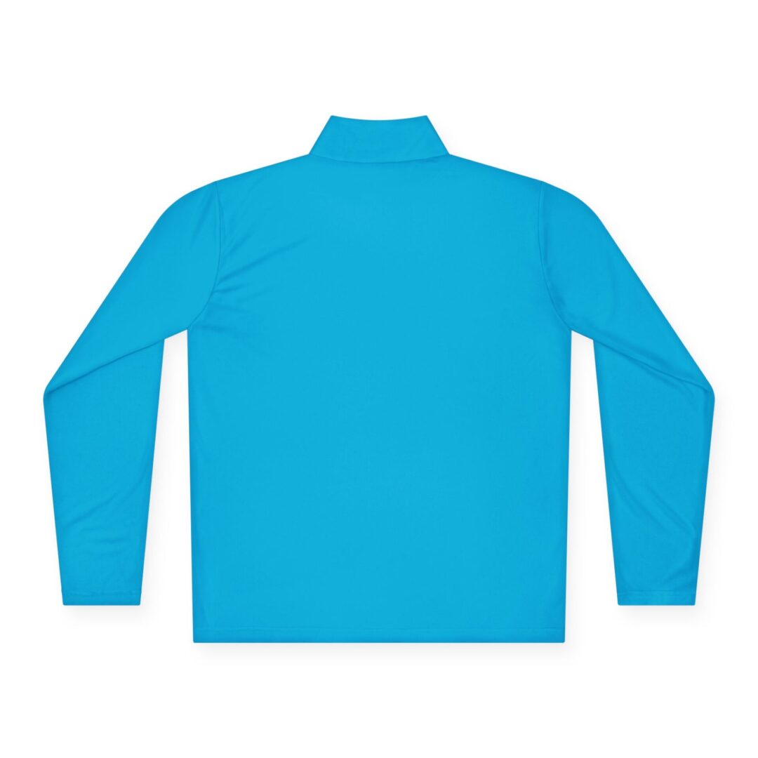Here's an alt tag for the image: Back view of a turquoise long-sleeve shirt.