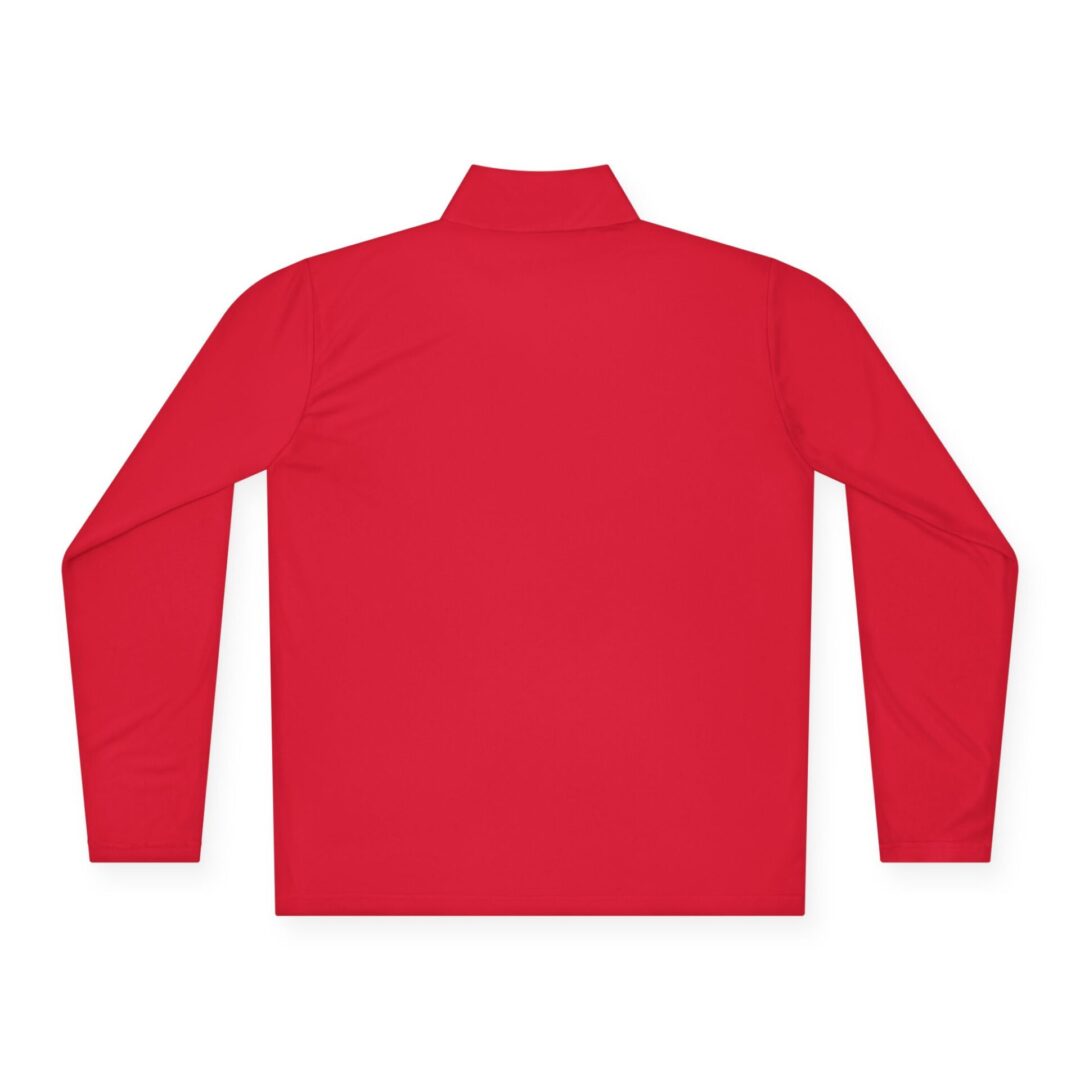 Red long-sleeve mock neck shirt, back view.