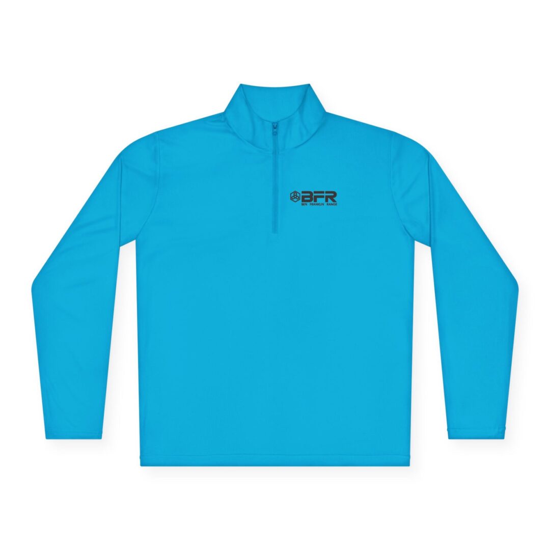 Here's an alt tag for the image: Blue Big Fork Ranch quarter-zip pullover.