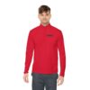 Man in red long-sleeve shirt with logo.
