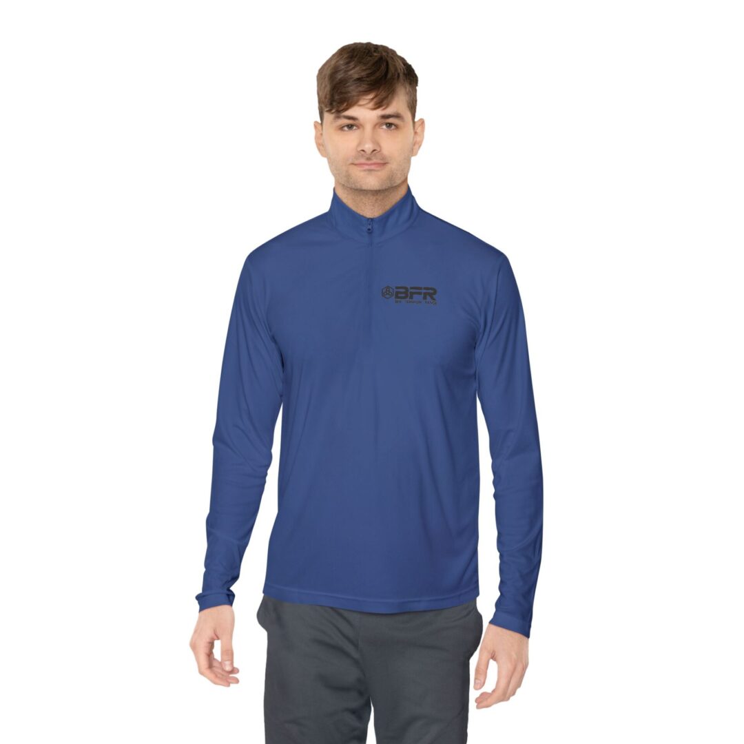 Man in blue long-sleeve shirt.