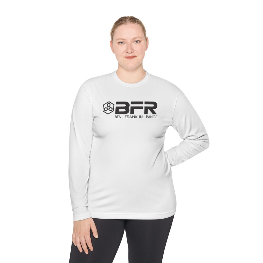 Person wearing a white BFR long-sleeve shirt.