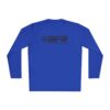 Blue long-sleeve shirt with black logo.