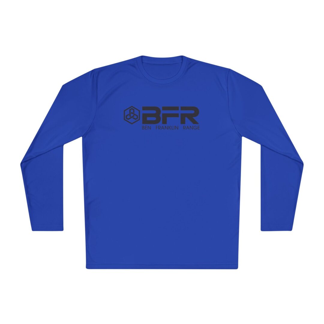 Blue long-sleeve shirt with black logo.