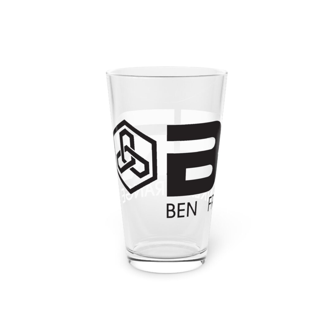 Clear glass with black geometric logo design.
