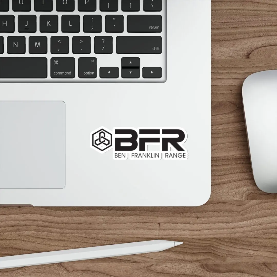 Laptop with BFR logo on wooden desk.