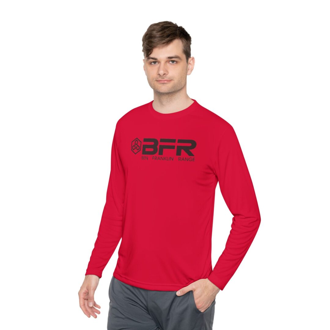 Man wearing red long-sleeve BFR shirt.