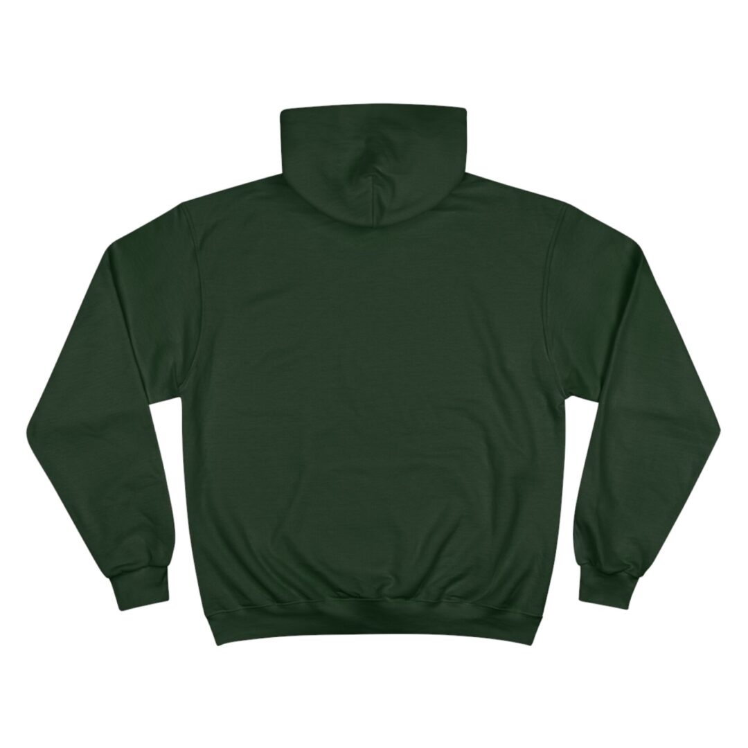 Dark green hoodie, back view, plain design.