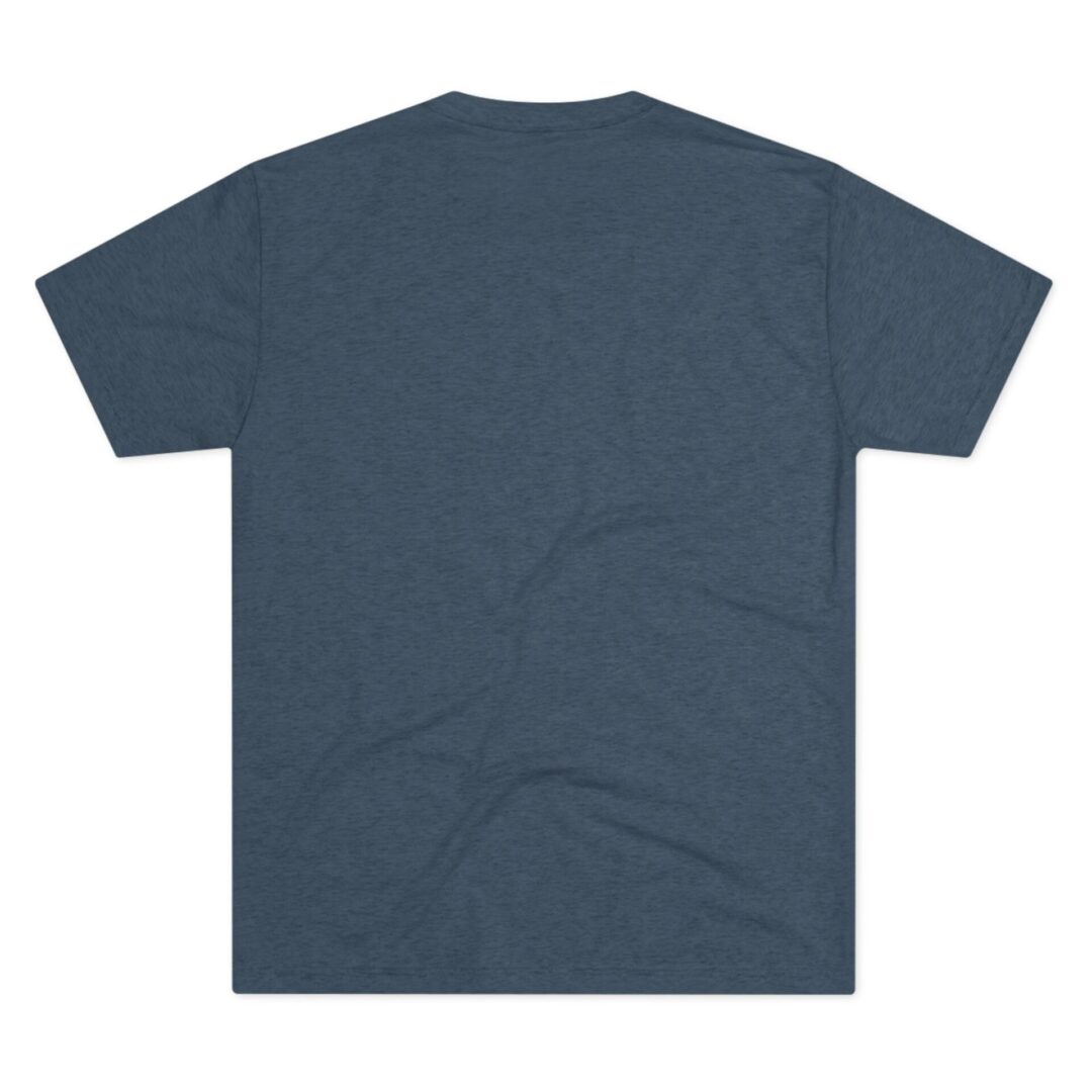 Back view of plain blue T-shirt.