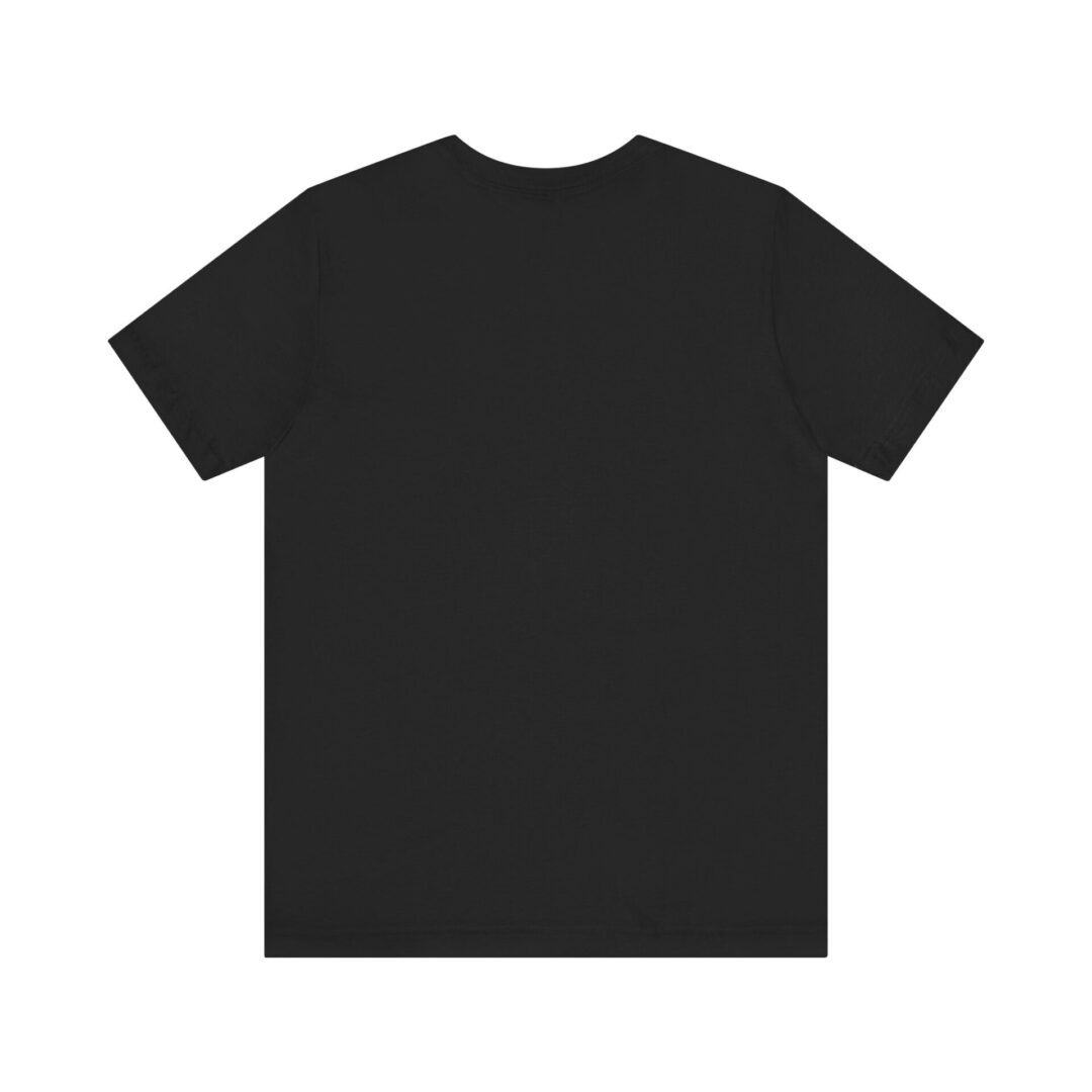 Black T-shirt, back view, plain design.