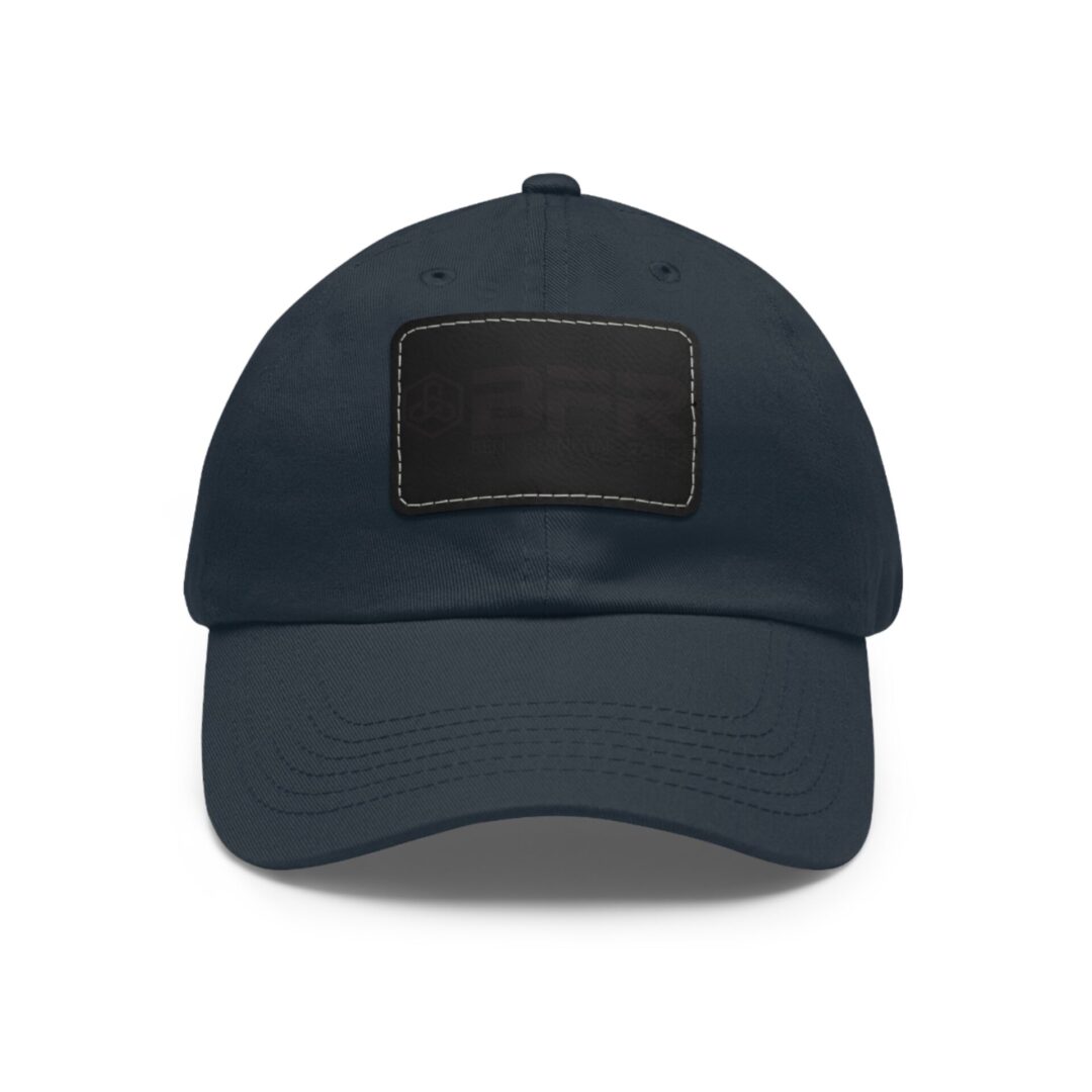 Dark blue baseball cap with black patch.
