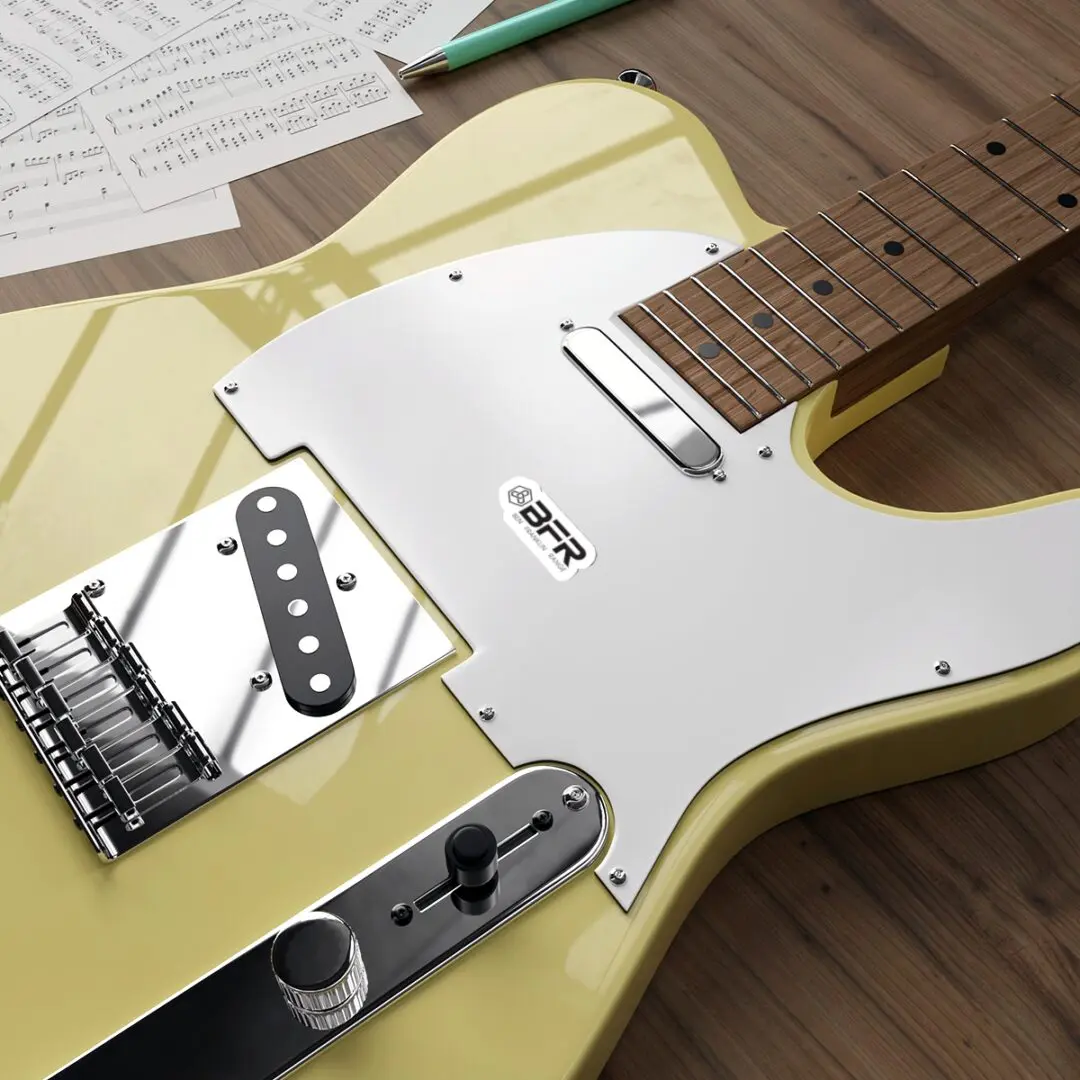 Yellow electric guitar on wooden table.