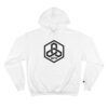 White hoodie with black geometric logo.