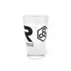 Glass with black logo and text design.