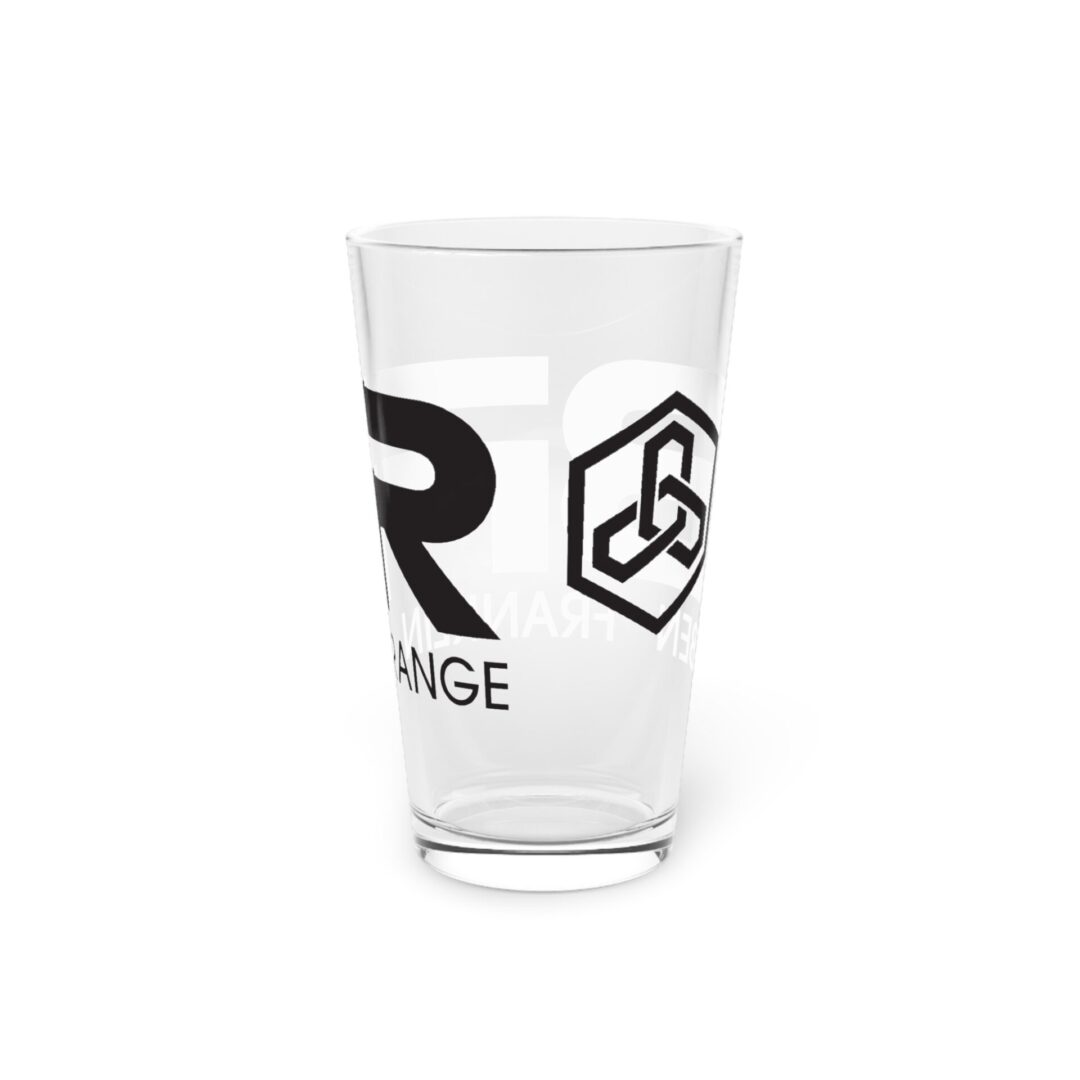 Glass with black logo and text design.