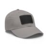 Gray baseball cap with black patch.