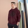 Man wearing maroon hoodie, standing indoors.
