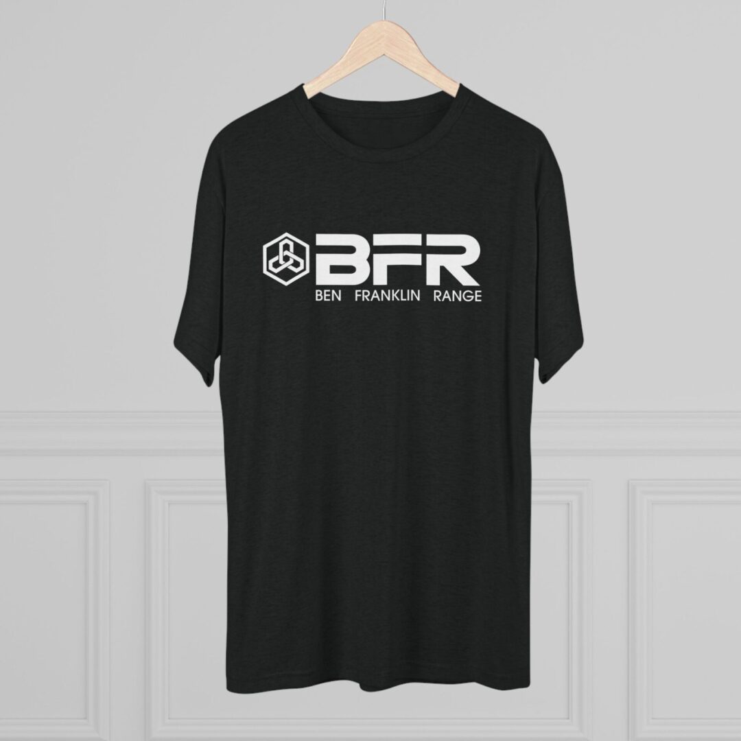 Black t-shirt with BFR logo hanging.