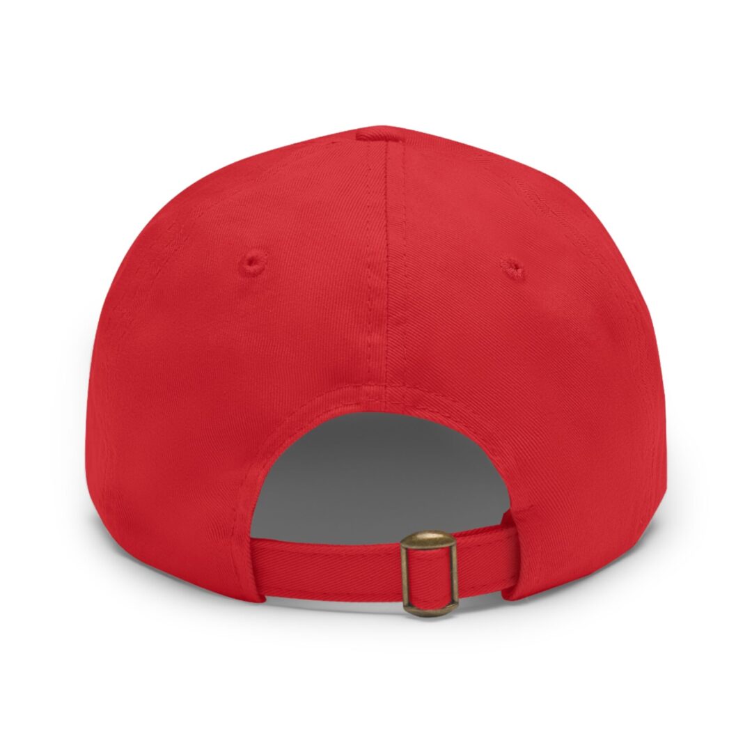 Red baseball cap, back view, adjustable strap.