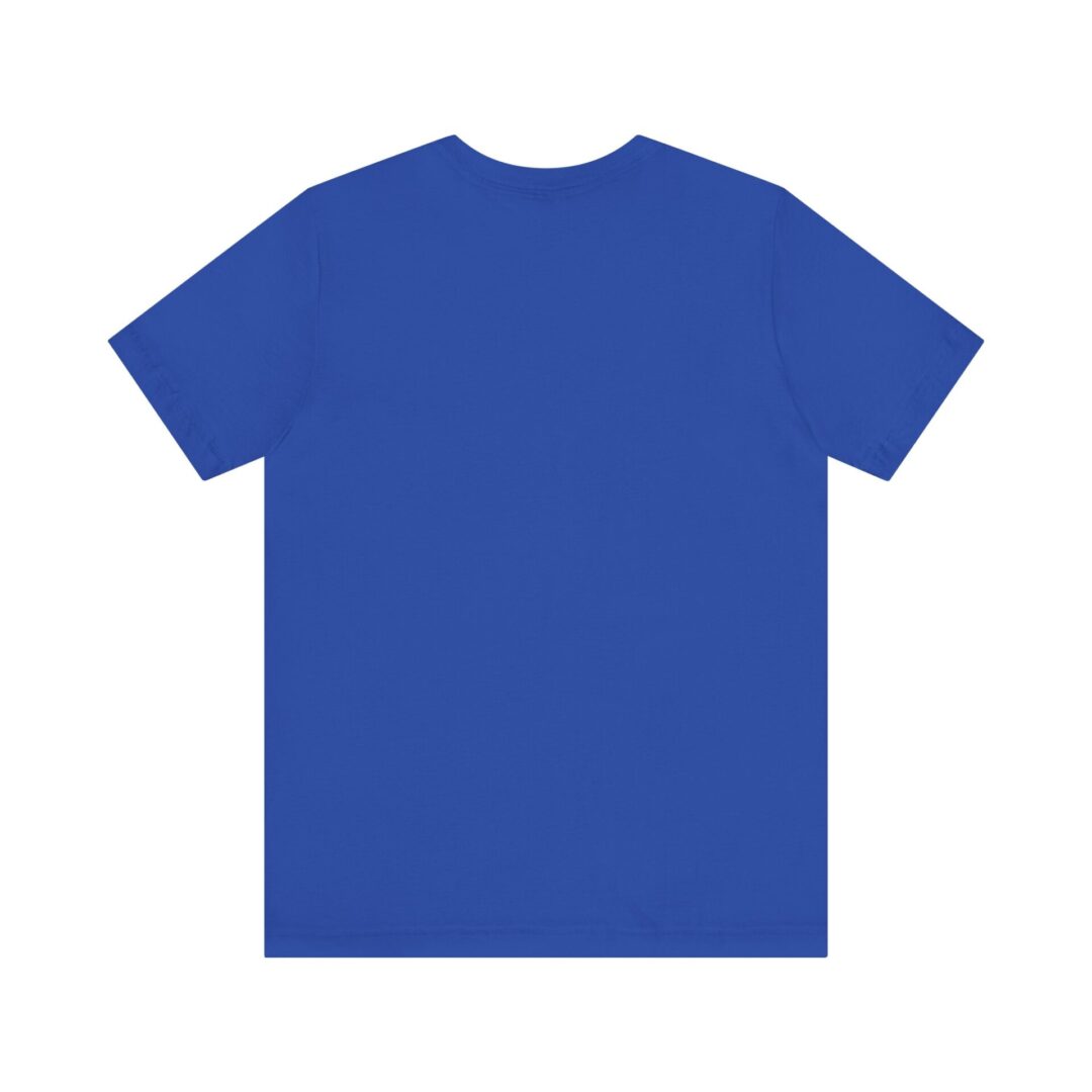 Blue T-shirt back view, plain design.