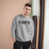 Man wearing gray BFR sweatshirt, beige background. Man wearing gray BFR sweatshirt, beige background.