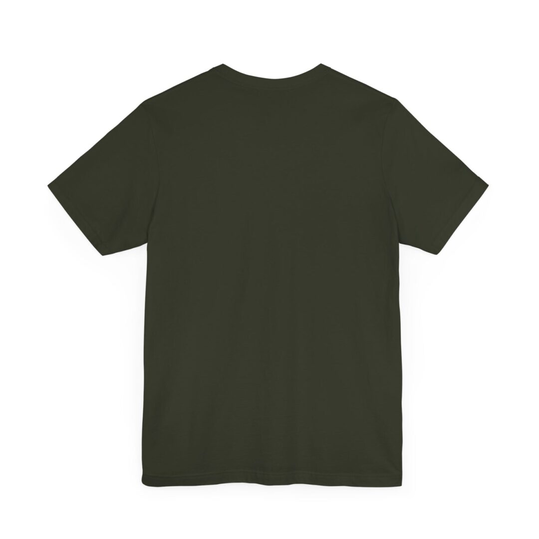 Plain dark green T-shirt, back view.