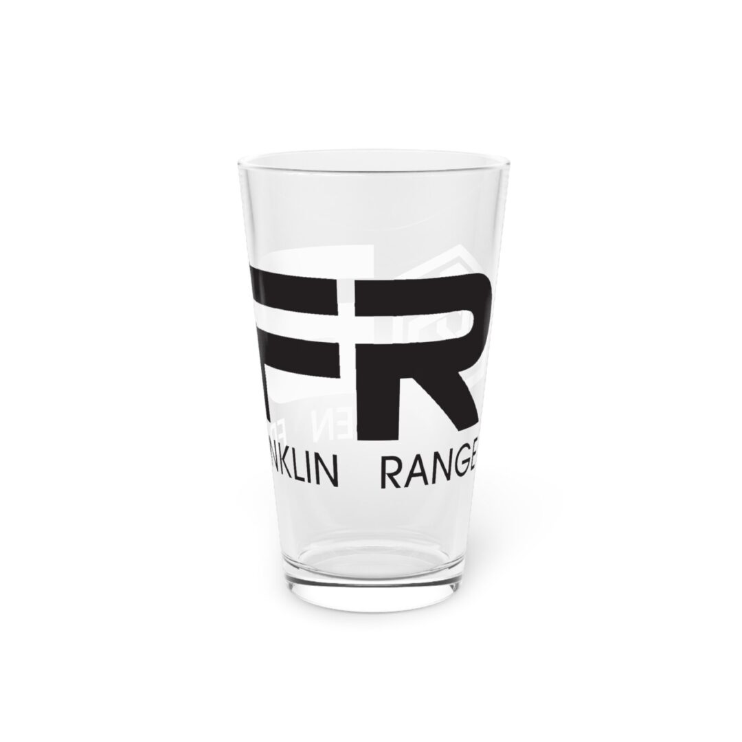 Glass with "FR" logo and text.