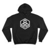 Black hoodie with geometric white logo.