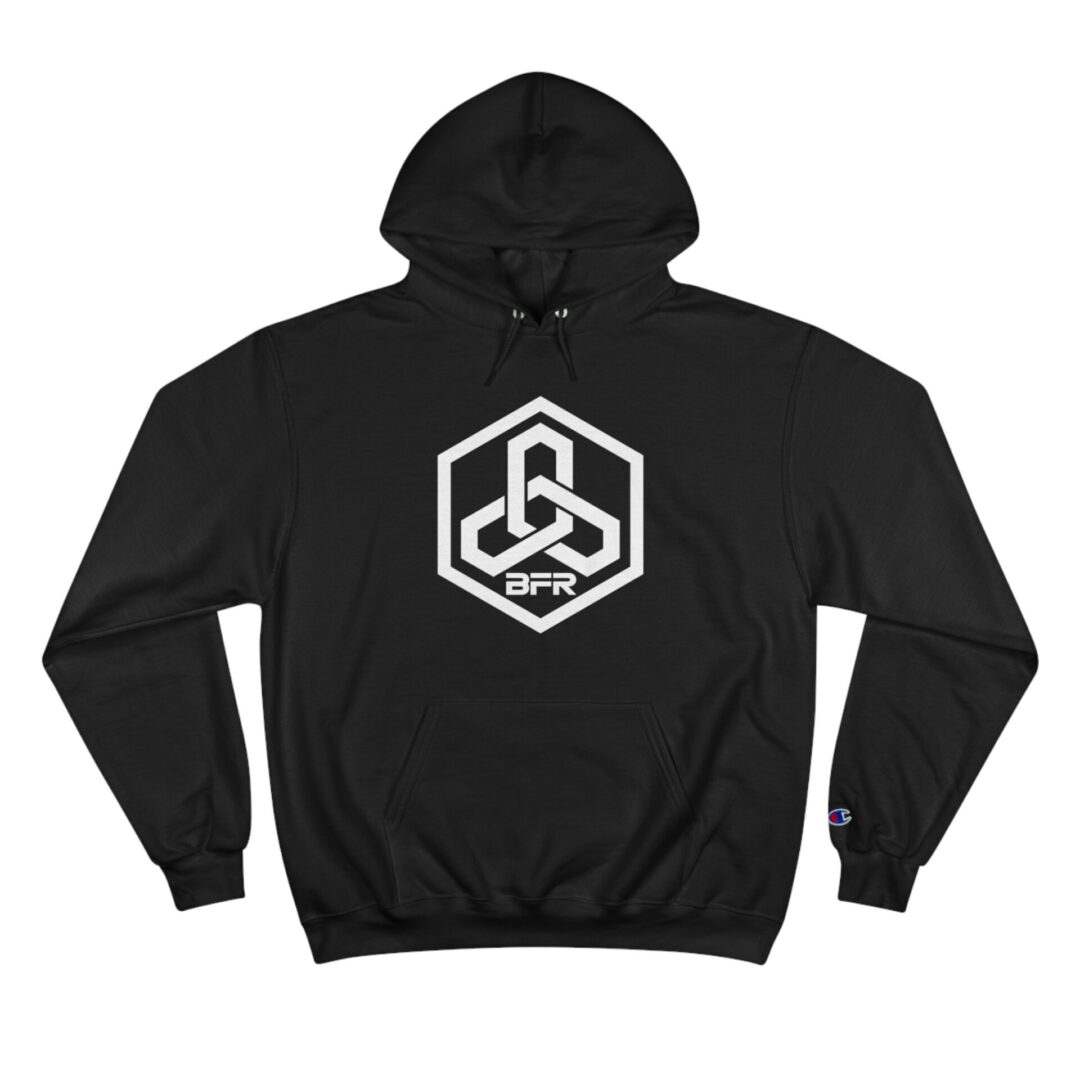 Black hoodie with geometric white logo.