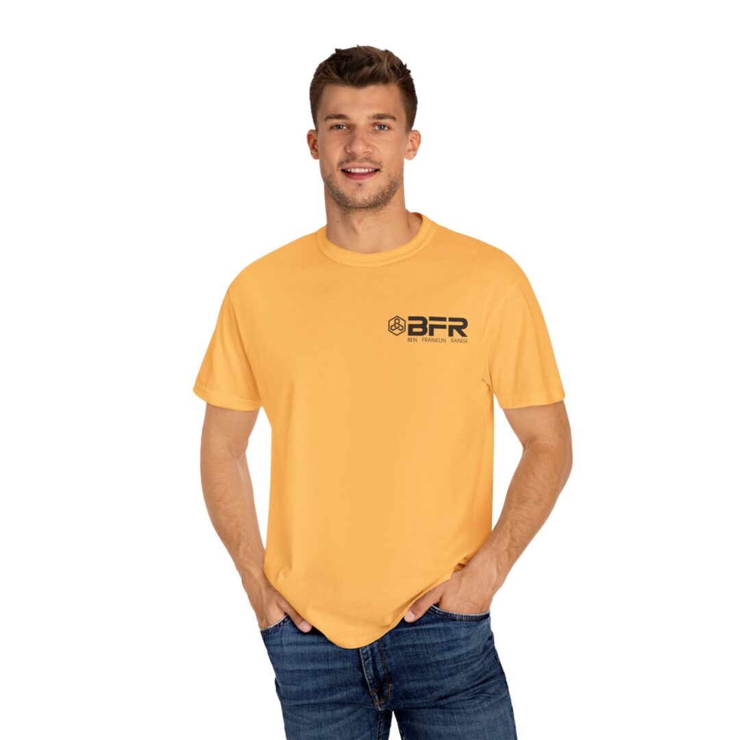Man wearing yellow BFR logo t-shirt. Man wearing yellow BFR logo t-shirt.