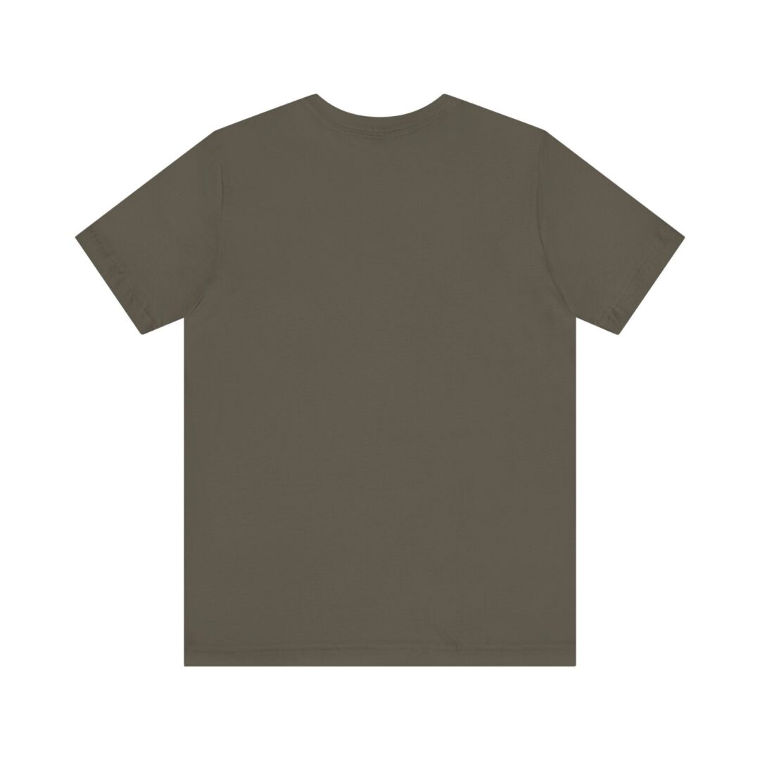 Plain olive green t-shirt, back view.