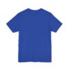 Blue T-shirt, back view, plain design.