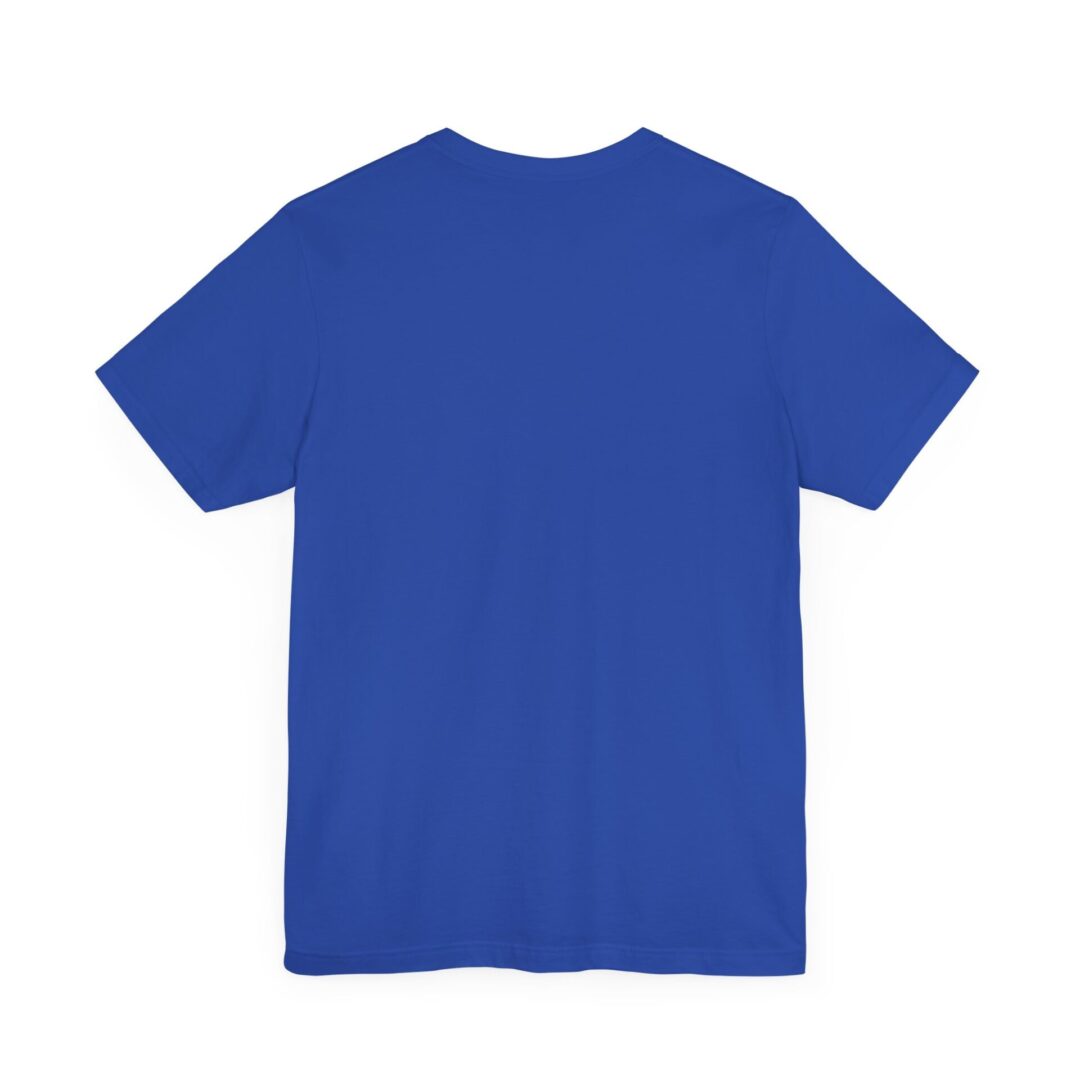 Blue T-shirt, back view, plain design.