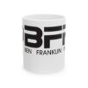 White mug with bold text design.