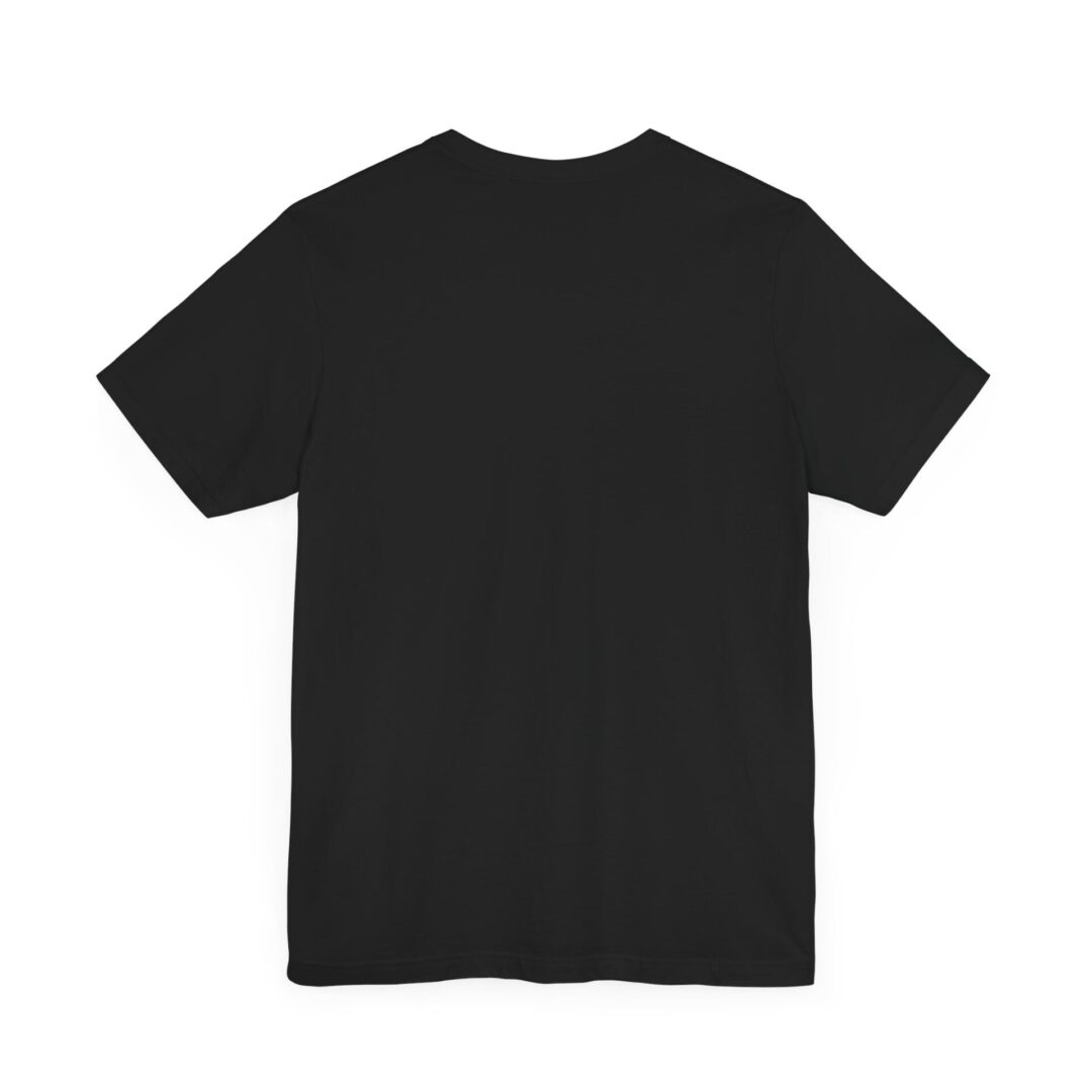 Black T-shirt back view on white background.