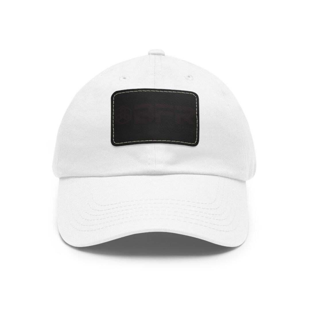 White baseball cap with black front patch.