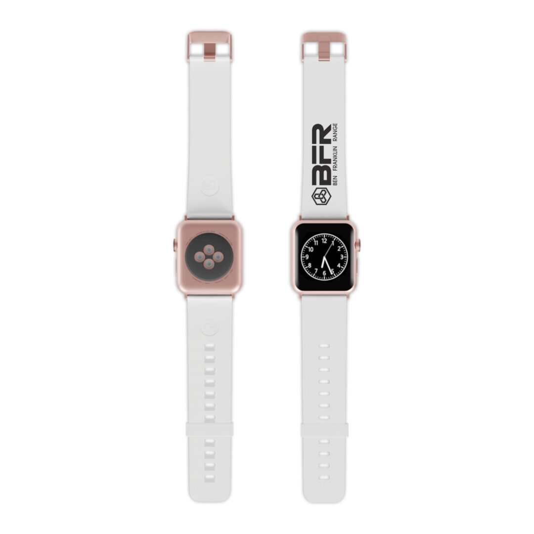 Two smartwatches with white bands.
