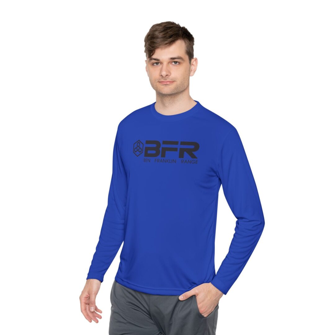 Man in blue long-sleeve BFR shirt.
