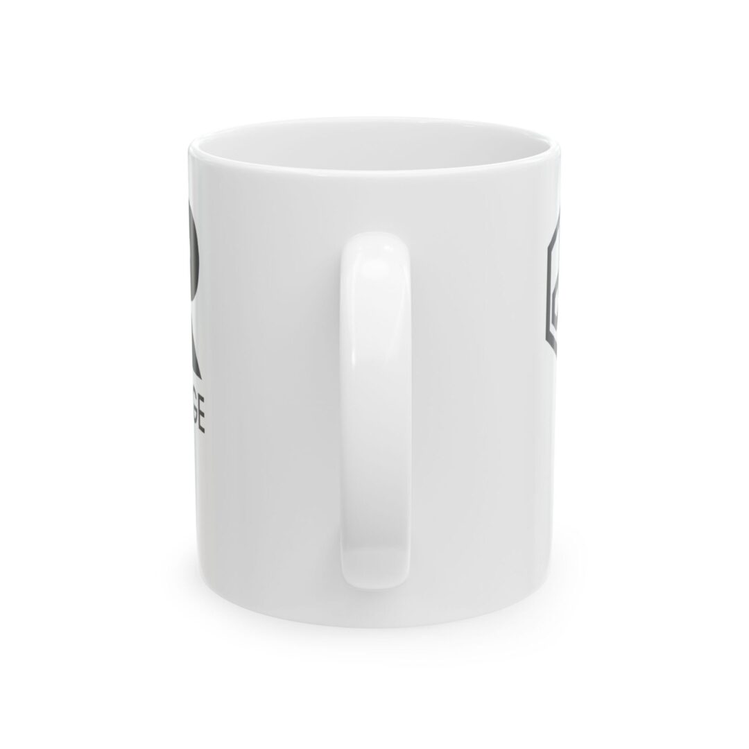 White mug with a side handle.