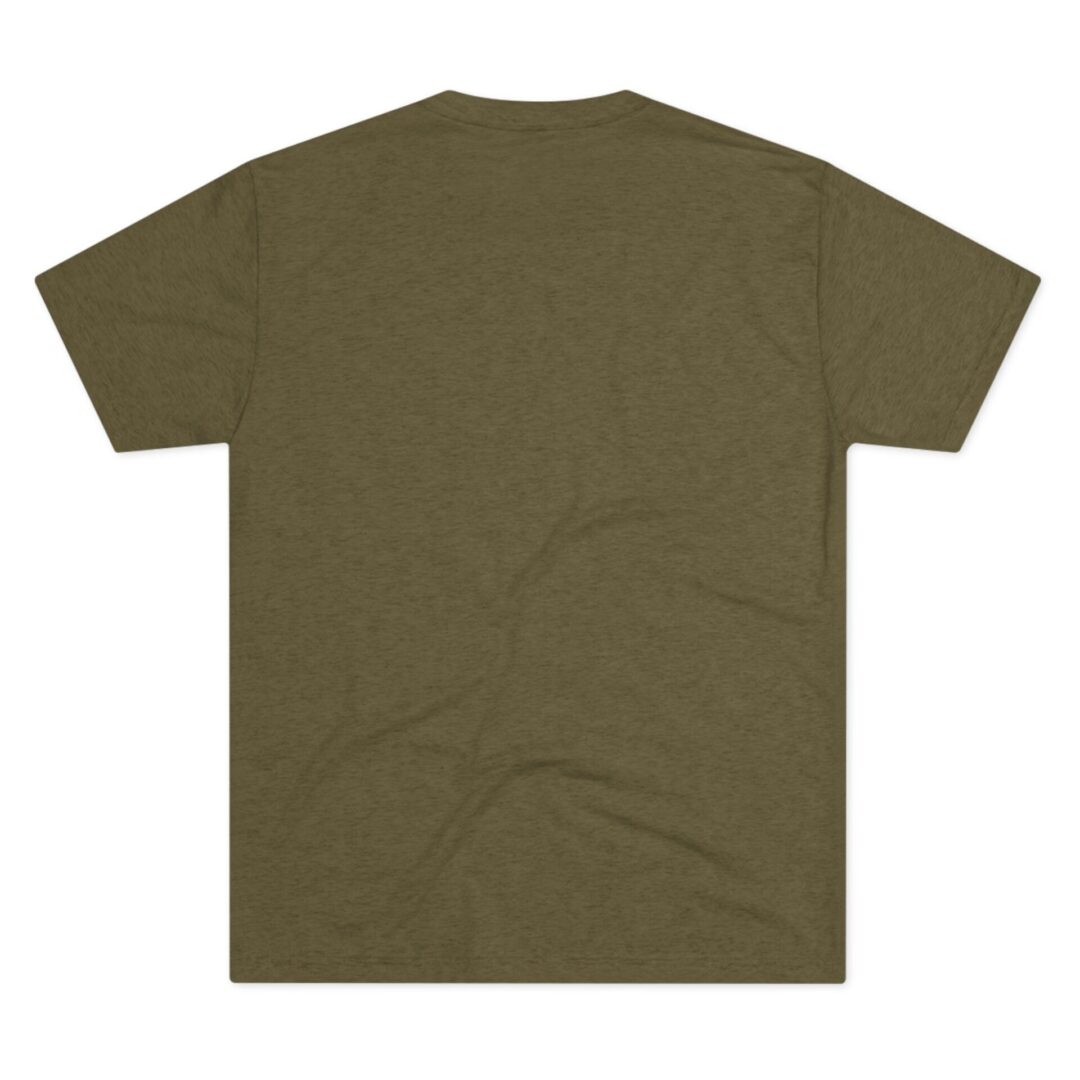 Olive green T-shirt, back view.