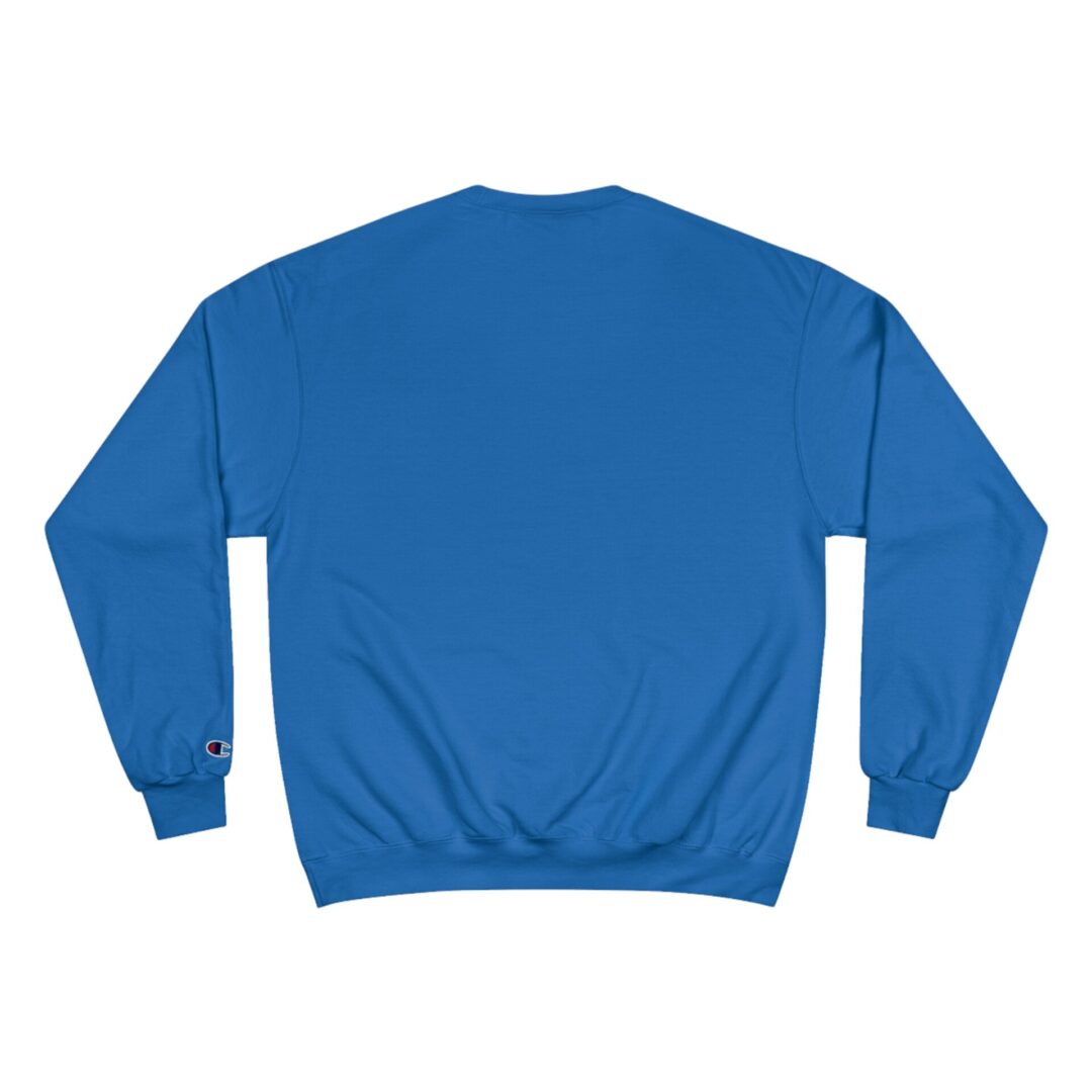 Blue sweatshirt with long sleeves, back view. Blue sweatshirt with long sleeves, back view.